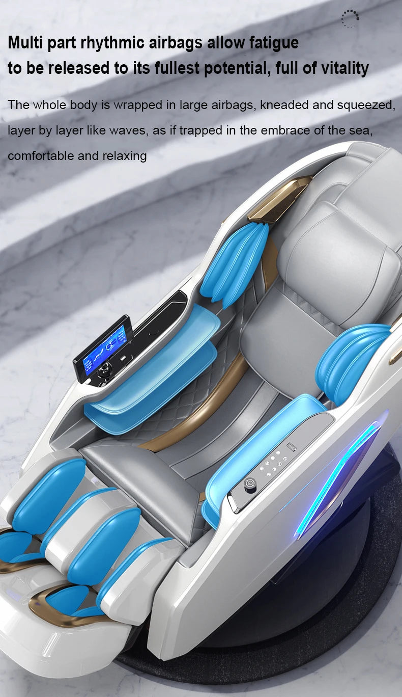 Ergonomischer Zero-Gravity-Massagesessel, Shiatsu-Technologie, Ganzkörper-Airbags, Fußrollen, Wadenkneten, Bluetooth, Wohnkomfort