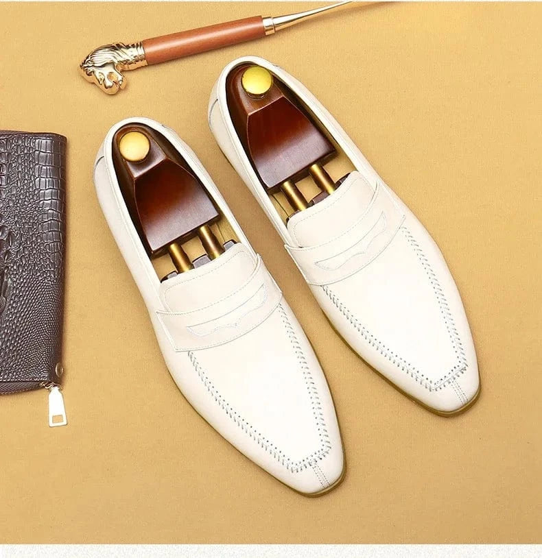 British Trend Men’s Dress Shoes – Luxury White Leather Loafers for Weddings & Business