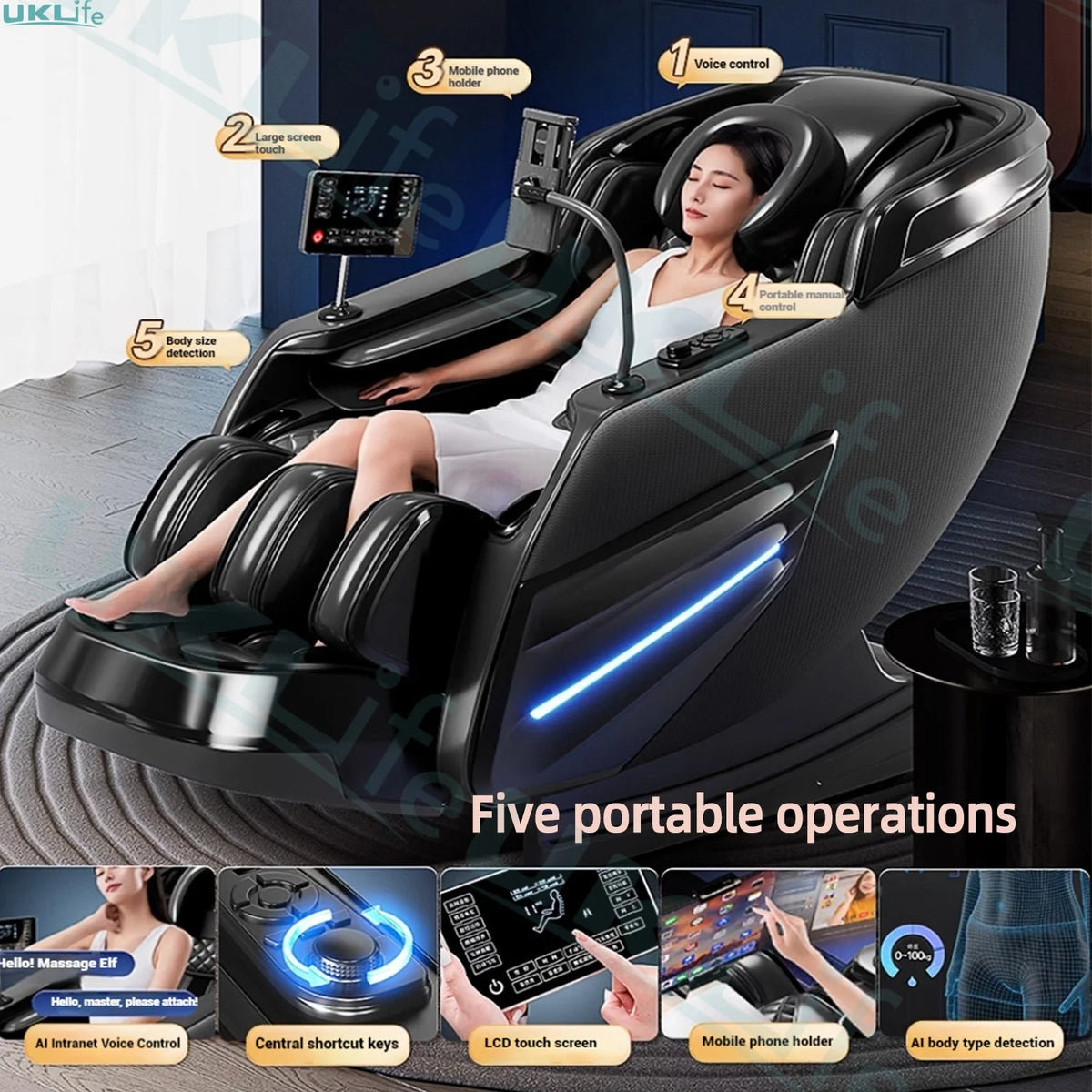 2025 Upgrade 6D Jade-Rollen-Massagesessel mit KI-Sprachsteuerung, automatischem Körperscan, Thai-Stretching & Handyhalter – Schwerelosigkeit F
