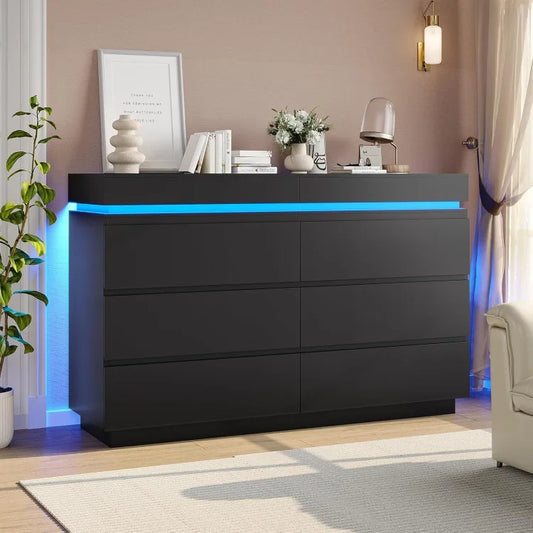 Moderne Kommode mit 6 Schubladen und verschiebbarer Tischplatte, breite Kommode mit Ladestation und LED-Beleuchtung, großer Stauraum Handtuch