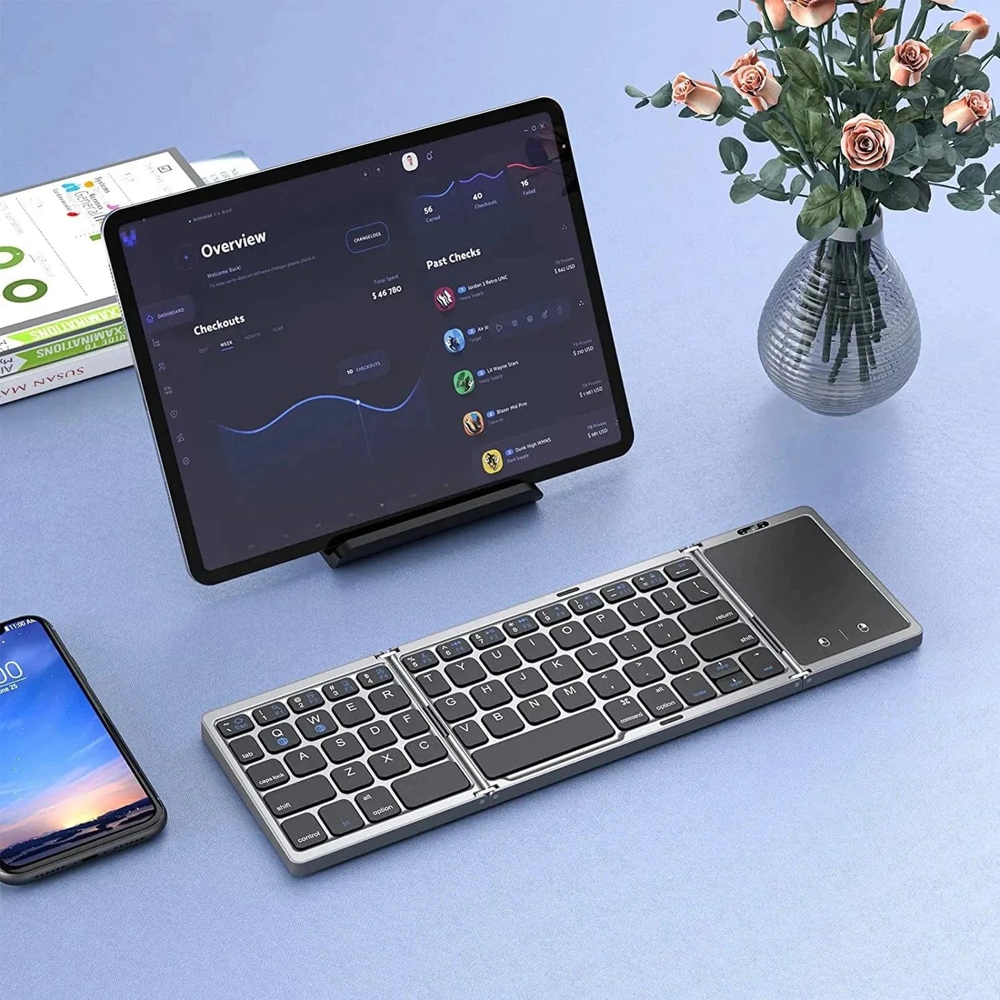 Dual Bluetooth 5.1 Foldable Keyboard with Touchpad – 3-Fold Mini Wireless Keyboard for Windows, Android, iOS, iPad | Rechargeable &amp; Portable