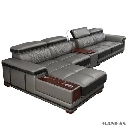 Modernes Luxus-Ecksofa aus echtem Leder mit Recamiere, verstellbarer Kopfstütze, integriertem Stauraum, USB-Ladefunktion, Getränkehalter