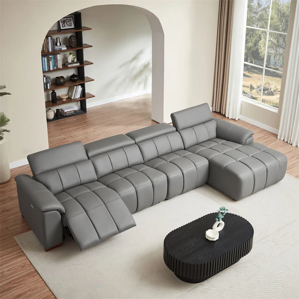 Kundenspezifisches Ledersofa in L-Form Lounge Multifunktions-Power-Smart-Relaxliege Elektrisches Ecksofa mit USB-Kopfstütze und Fußstütze