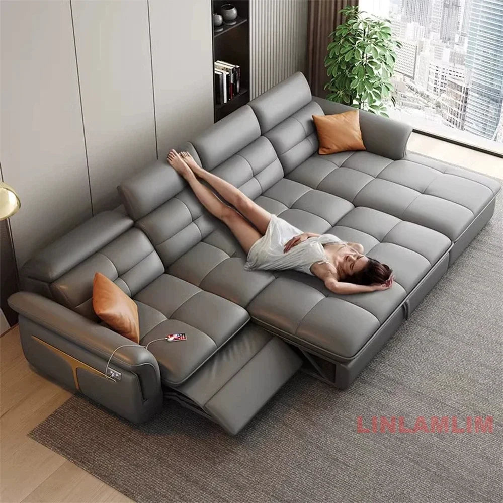 Modernes elektrisches Schlafsofa mit verstellbarer Rückenlehne, L-förmiges, multifunktionales italienisches Echtleder-Sofa