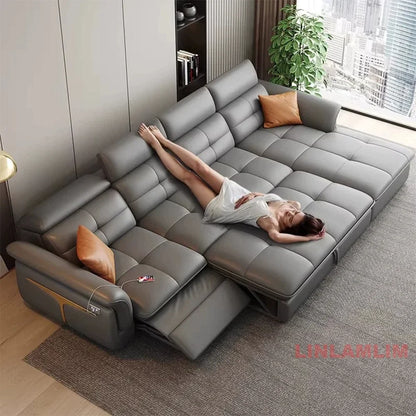 Modernes elektrisches Schlafsofa mit verstellbarer Rückenlehne, L-förmiges, multifunktionales italienisches Echtleder-Sofa