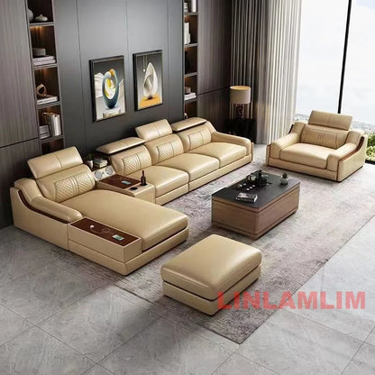 Modernes U-förmiges Ecksofa-Set mit Chaiselongue, echtes Leder Sofa mit Ablagetisch, USB – Große Wohnzimmermöbel