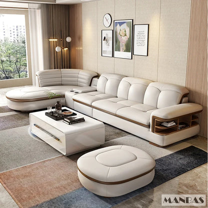 Luxuriöse L-förmige Sektionalsofa-Sets aus echtem Leder mit USB, Bluetooth-Lautsprecher – Linlamlim Wohnzimmer italienische Ledersofas