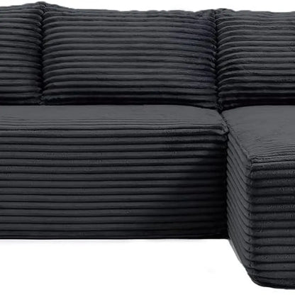 Modernes 108 L-förmiges Ecksofa, tiefes Wolkensofa, Cordstoff, Schwarz, Recamiere rechts, Wohnzimmermöbel, keine Montage