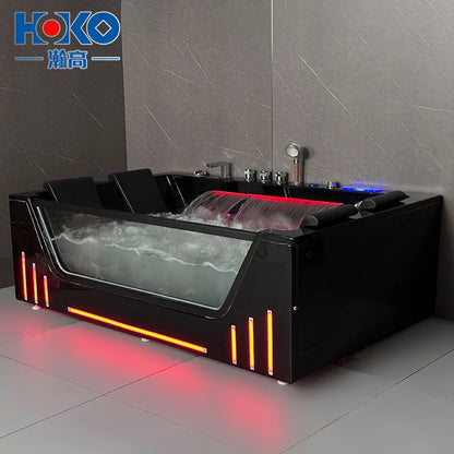 HOKO Schwarzer Indoor-Whirlpool, Spa-Badewanne mit Wasserfall, Massage-Badewanne mit Whirlpool-Düsen, Hydromassage-Badewanne