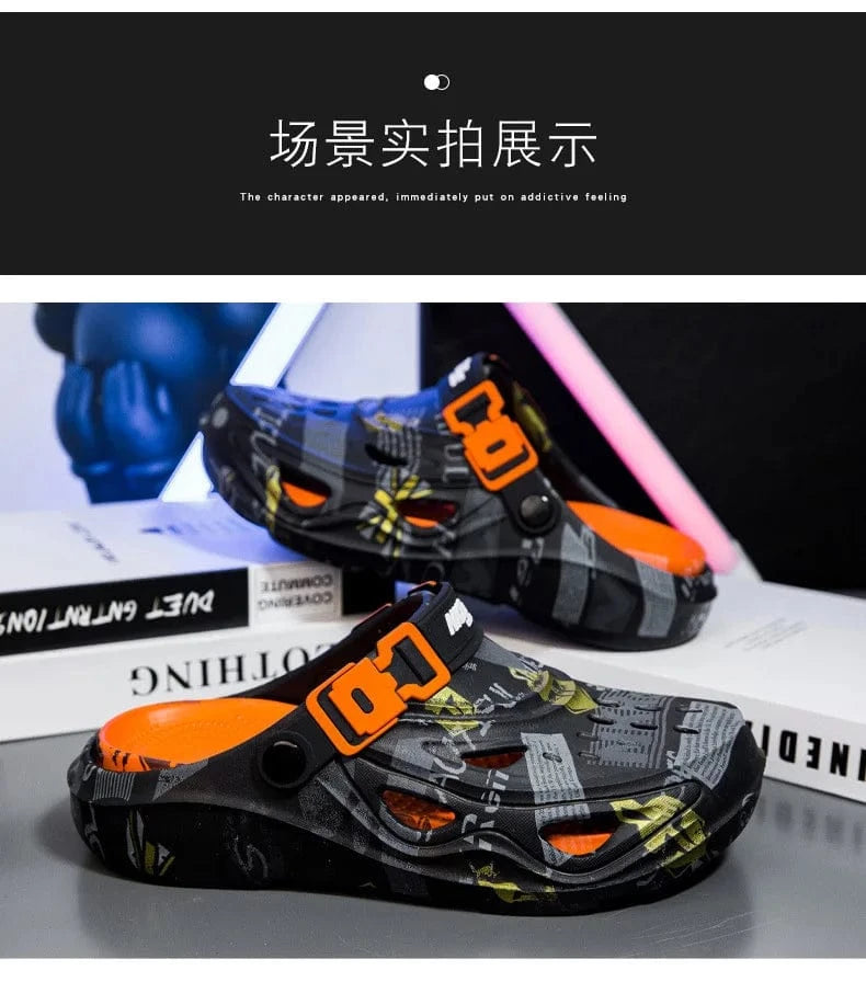 Men’s Sport Sandals – Lightweight EVA Slip-On Beach Slides with Buckle, Graffiti Design