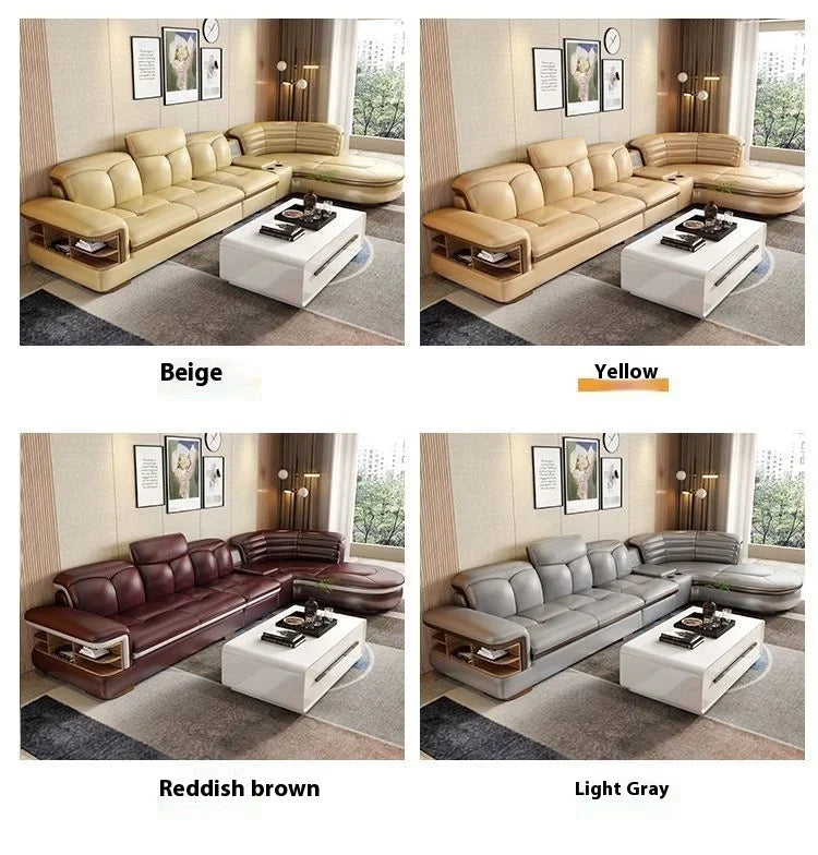 Luxuriöse L-förmige Sektionssofas aus echtem Leder mit USB- und Bluetooth-Lautsprecher – MINGDIBAO Wohnzimmer Italienische Ledersofas