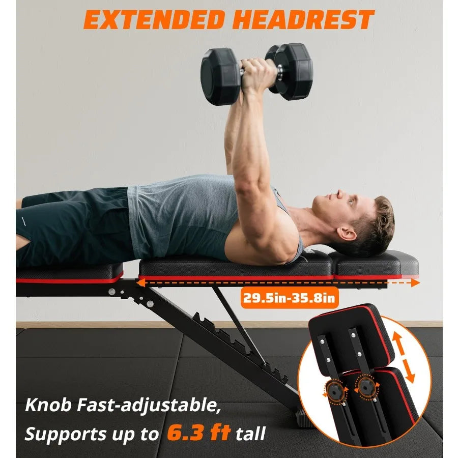 Verstellbare Hantelbank mit Beinstreckung und Curlpult für das Heim-Fitnessstudio, 360 kg Tragfähigkeit, flache Schrägbank Negativbank Hantelbank
