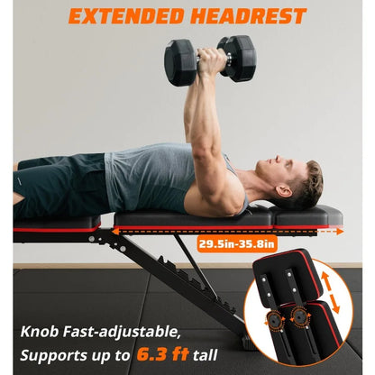 Verstellbare Hantelbank mit Beinstreckung und Curlpult für das Heim-Fitnessstudio, 360 kg Tragfähigkeit, flache Schrägbank Negativbank Hantelbank