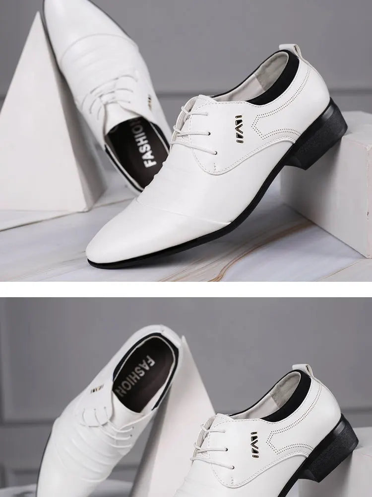 Classic Men’s Dress Shoes – White Leather Lace-Up Oxfords (Plus Sizes)
