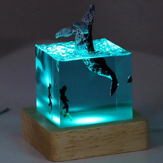 Marine Whale Cube Ornament –  Ocean Diver Resin Decoration with Optional Light Base