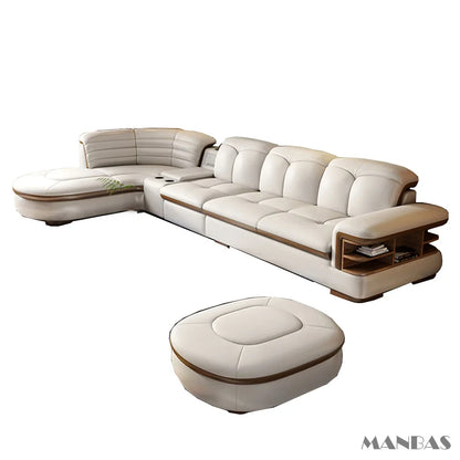 Luxury L-Shaped Genuine Leather Sectional Sofa Sets with USB, Bluetooth Speaker - MANBAS Living Room Italian Leather Couches