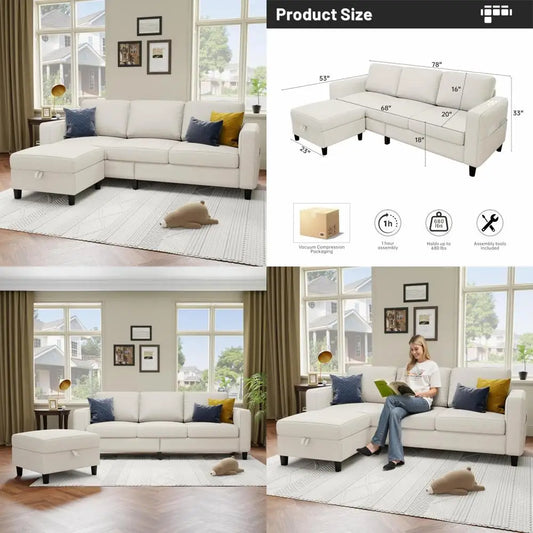 78 L-förmiges beigefarbenes Leinen-Haustierfreundliches modulares 3-Sitzer-Schlafsofa für das Wohnzimmer