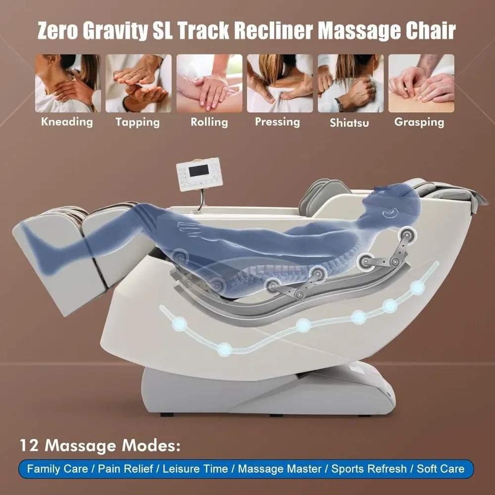 Ganzkörper-Massagesessel, SL-Track Zero-Gravity-Massagesessel mit Heizung, Bluetooth-Lautsprecher, KI-Sprachsteuerung, Weiß