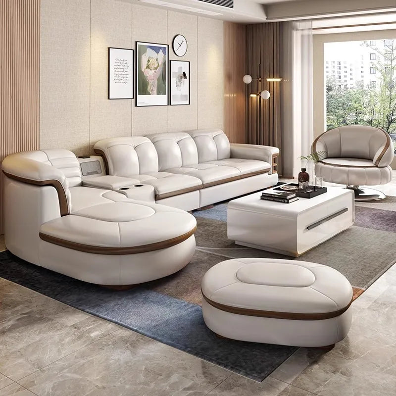 Luxuriöse L-förmige Sektionalsofa-Sets aus echtem Leder mit USB, Bluetooth-Lautsprecher – Linlamlim Wohnzimmer italienische Ledersofas