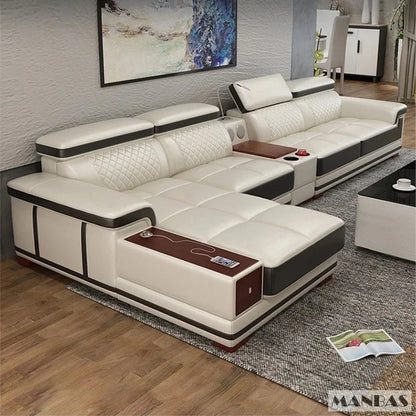 Modernes Luxus-Ecksofa aus echtem Leder mit Recamiere, verstellbarer Kopfstütze, integriertem Stauraum, USB-Ladefunktion, Getränkehalter