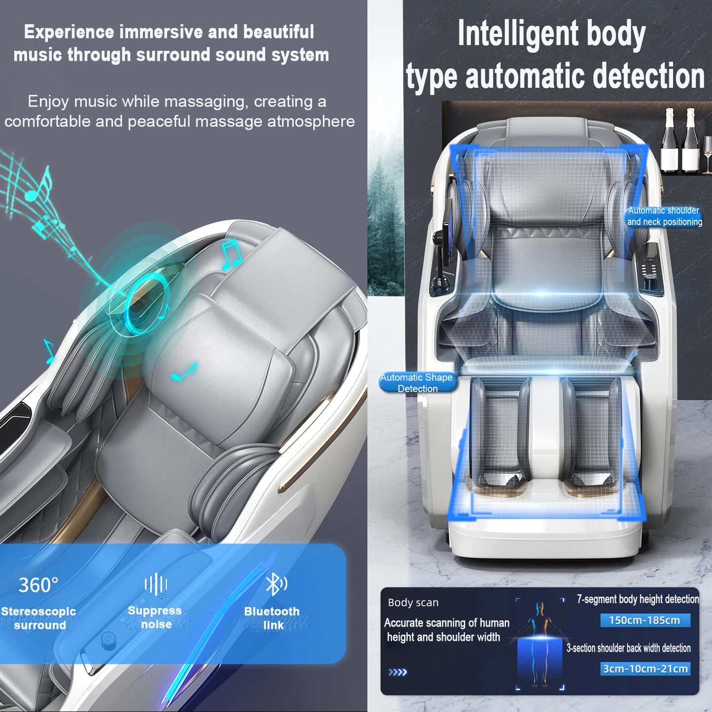 Ergonomischer Zero-Gravity-Massagesessel, Shiatsu-Technologie, Ganzkörper-Airbags, Fußrollen, Wadenkneten, Bluetooth, Wohnkomfort