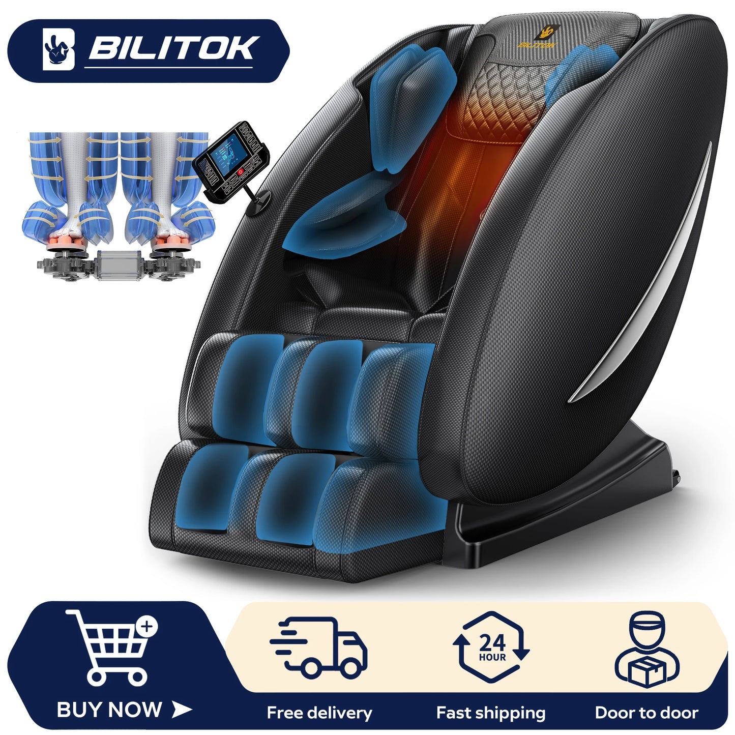 Massagesessel mit Zero-Gravity-Funktion, Ganzkörper-Massagesessel mit Heizung, Bluetooth-Lautsprecher, Airbags, Fußroller