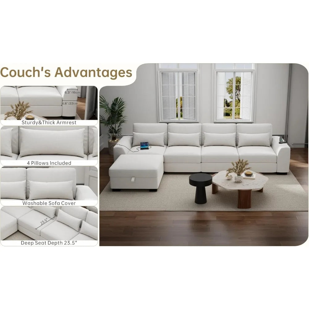 Modular Sectional Couches for Living Room - Convertible L Shaped Couch Beige 4 Seater Living Room Furniture Set - Sofa