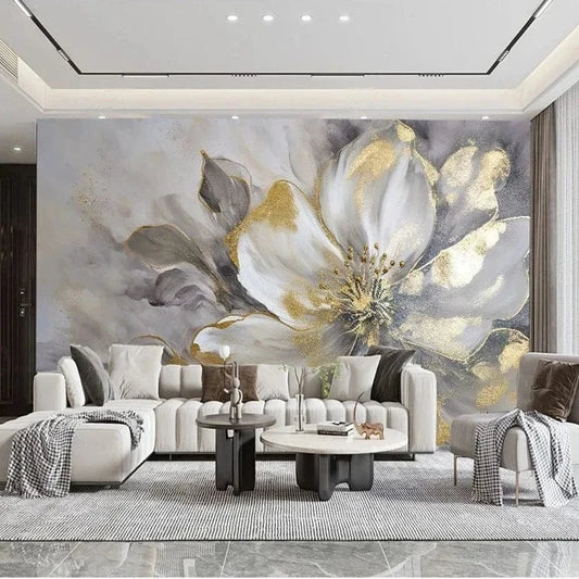 Custom 3D Modern Gold Leaf Flower Art Wallpaper Mural