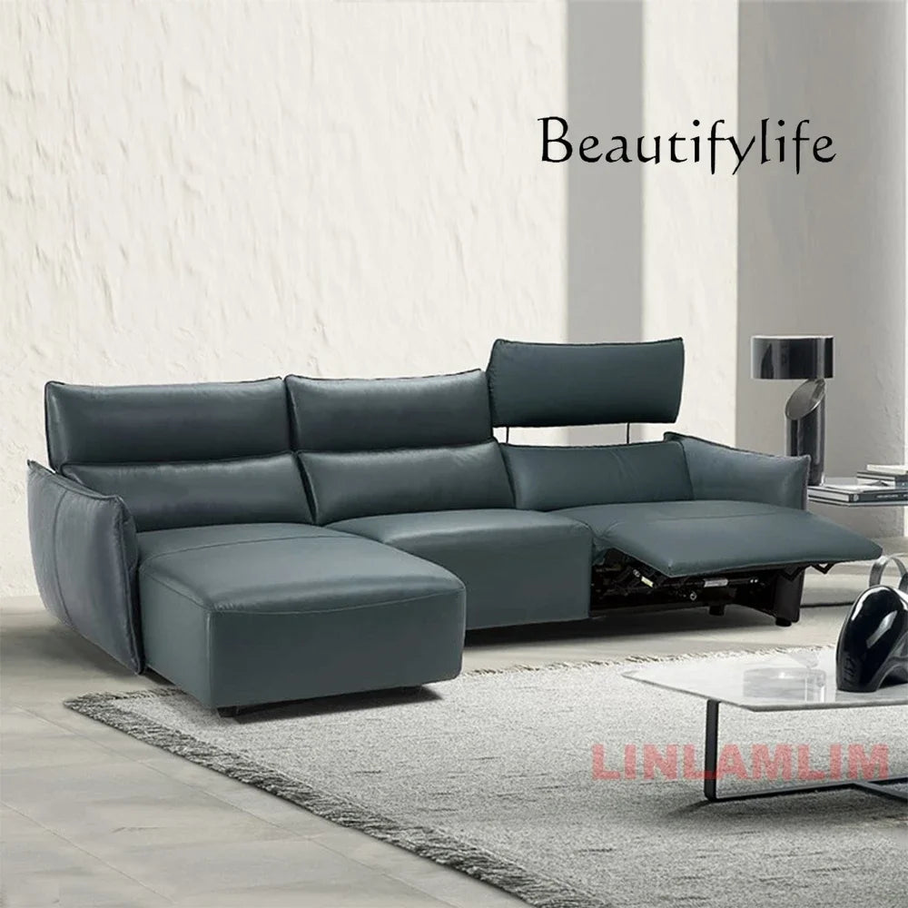 QY Ecksofa mit zwei Motoren, elektrischer Relaxfunktion, echtem Leder und verstellbaren Kopfstützen, L-förmige Eckcouch mit Chaiselongue