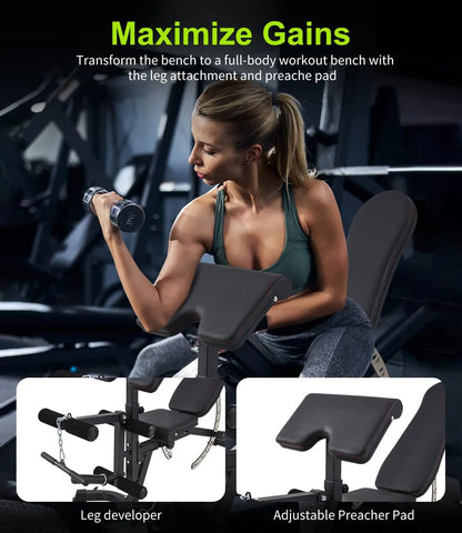 Adjustable Weight Bench with Preacher Pad Leg Extension and Leg Curl 800LBS Workout Bench with Handle Bar FID Bench for Strength