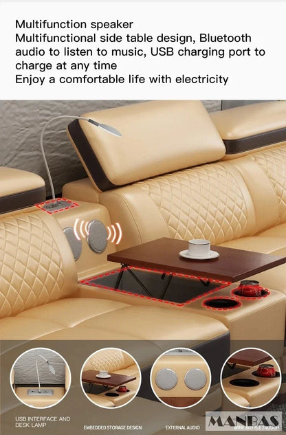 Modernes Luxus-Ecksofa aus echtem Leder mit Recamiere, verstellbarer Kopfstütze, integriertem Stauraum, USB-Ladefunktion, Getränkehalter