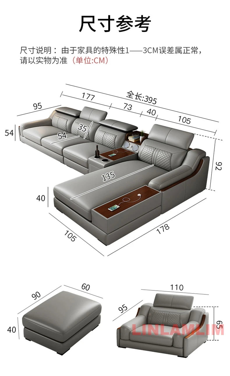 Modernes U-förmiges Ecksofa-Set mit Chaiselongue, echtes Leder Sofa mit Ablagetisch, USB – Große Wohnzimmermöbel