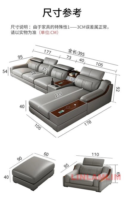 Modernes U-förmiges Ecksofa-Set mit Chaiselongue, echtes Leder Sofa mit Ablagetisch, USB – Große Wohnzimmermöbel