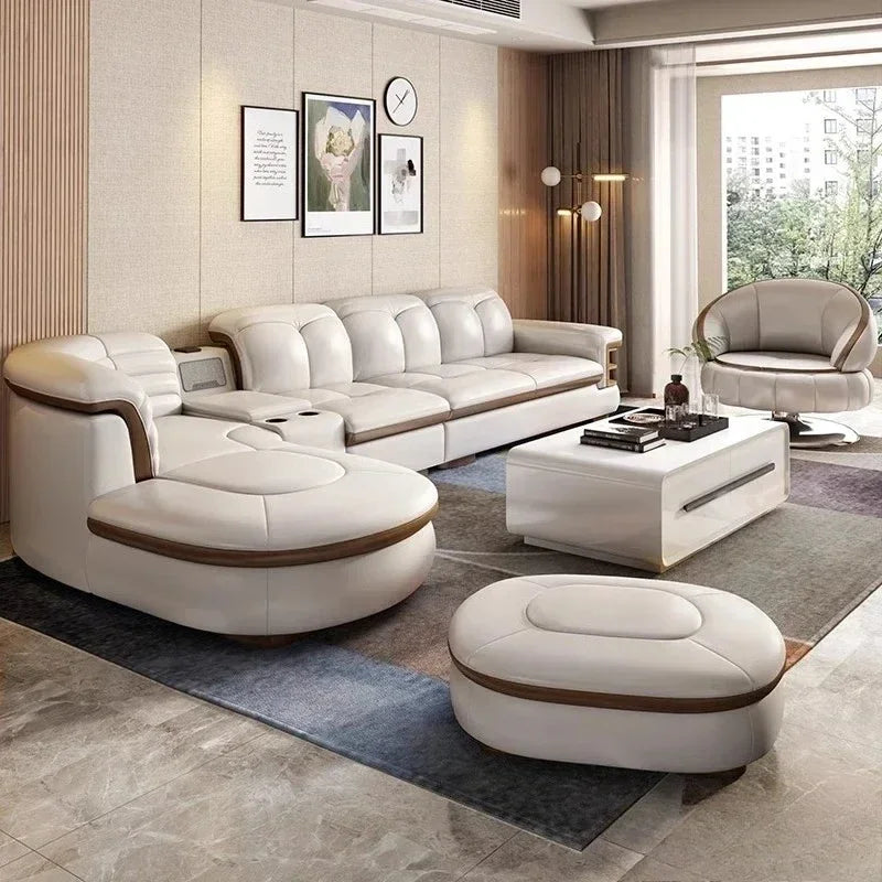 Luxuriöse L-förmige Sektionssofas aus echtem Leder mit USB- und Bluetooth-Lautsprecher – MINGDIBAO Wohnzimmer Italienische Ledersofas