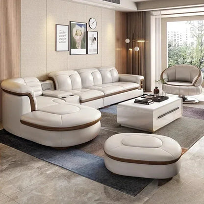 Luxuriöse L-förmige Sektionssofas aus echtem Leder mit USB- und Bluetooth-Lautsprecher – MINGDIBAO Wohnzimmer Italienische Ledersofas