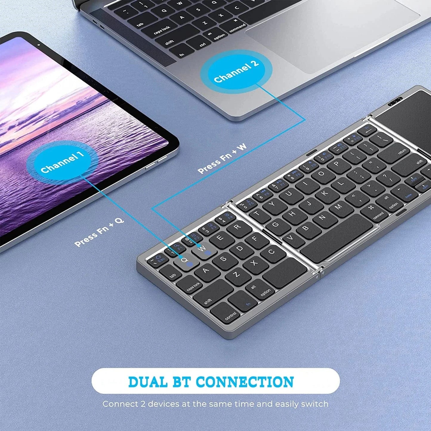 Dual Bluetooth 5.1 Foldable Keyboard with Touchpad – 3-Fold Mini Wireless Keyboard for Windows, Android, iOS, iPad | Rechargeable &amp; Portable