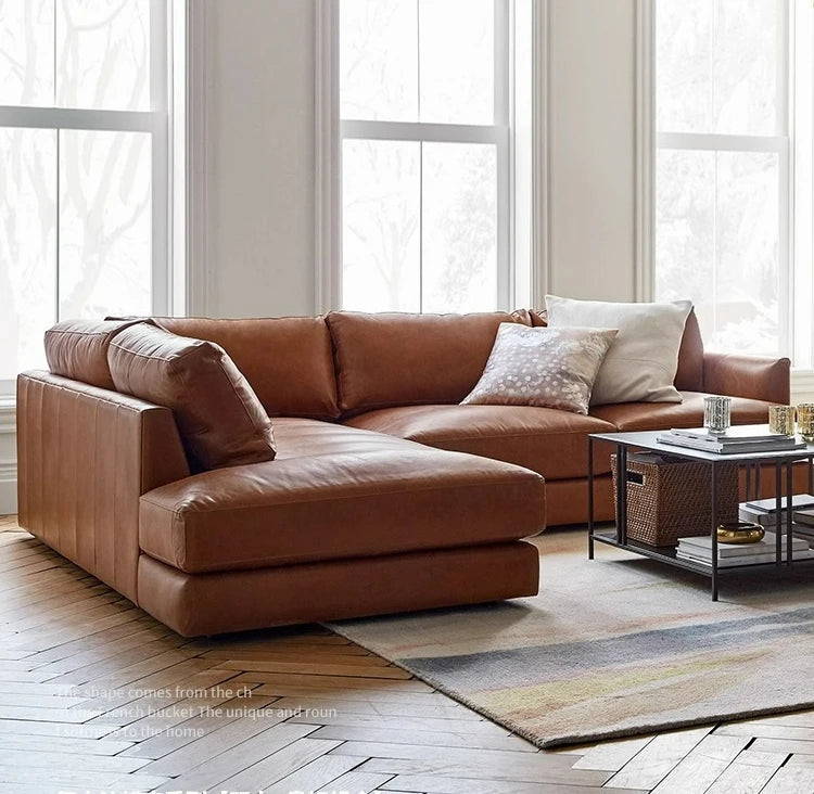 Ledersofa, antikes, milchbraunes, erstklassiges Rindsleder, L-förmiges Chaiselongue für das Wohnzimmer, amerikanisches Retro-Ledersofa