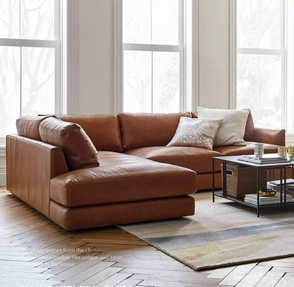 Ledersofa, antikes, milchbraunes, erstklassiges Rindsleder, L-förmiges Chaiselongue für das Wohnzimmer, amerikanisches Retro-Ledersofa