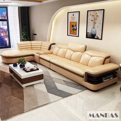 Luxuriöse L-förmige Sektionalsofa-Sets aus echtem Leder mit USB, Bluetooth-Lautsprecher – Linlamlim Wohnzimmer italienische Ledersofas