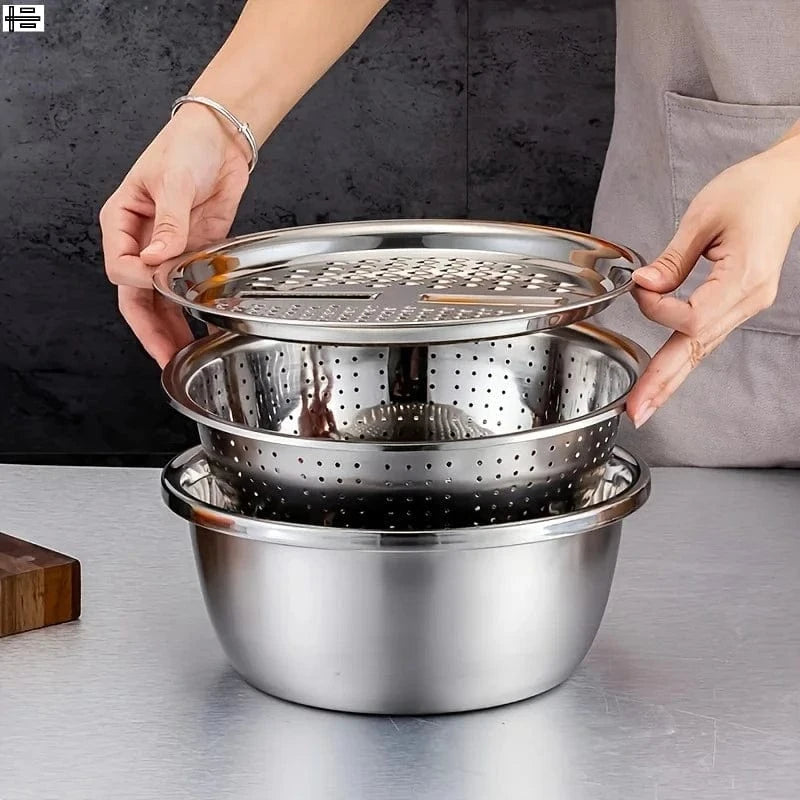 Ensemble 3 Pièces Inox Multifonction – Passoire, Saladier & Panier pour Laver