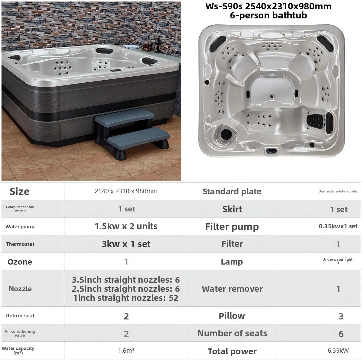 Smart Whirlpool Jacuzzi Spa-Wanne Tragbare Innen- und Außen-Badewanne mit Surfmassage Außen-Massagebadewanne Luft-Wasserdüse Möbel