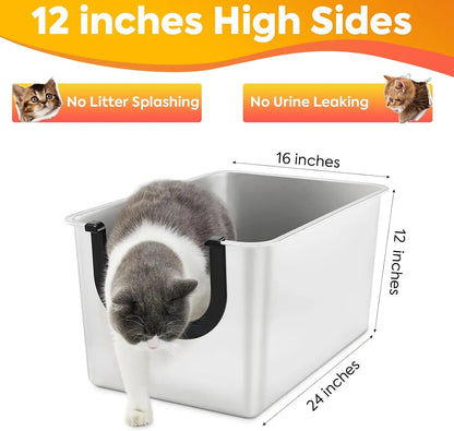 Bac à litière pour chat en acier inoxydable extra large, côtés de 12 pouces de hauteur, étanche et anti-adhésif pour un nettoyage facile