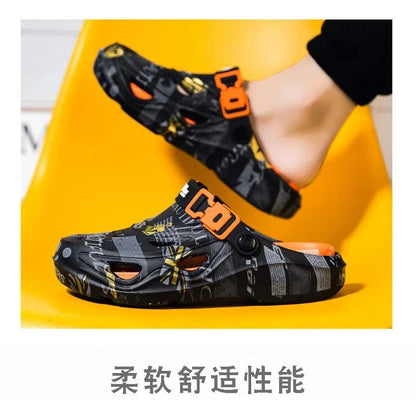 Men’s Sport Sandals – Lightweight EVA Slip-On Beach Slides with Buckle, Graffiti Design