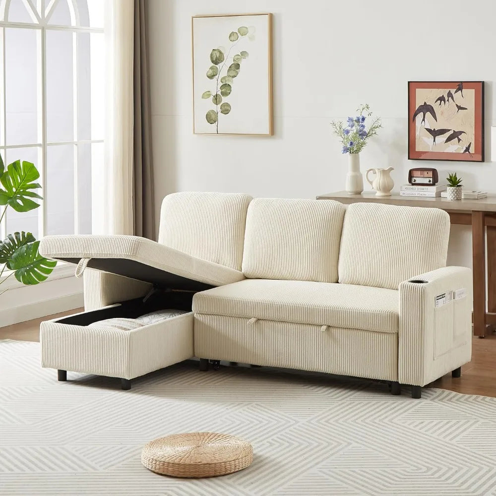 78.5" Corduroy L-Shaped Convertible Combo Sofa Bed with Reversible Storage Chaise,Pull-Out Sleeper Sofabed with Side Pockets an