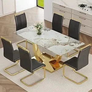 Faux Marble Dining Table Set Gold Metal Frame – Modern Elegant Kitchen & Dining Room Furniture
