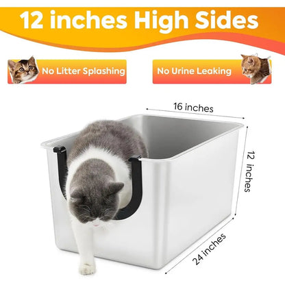 Bac à litière géant en acier inoxydable avec côtés hauts pour une rétention efficace de l'urine et du litière, adapté aux chatons et aux chats âgés