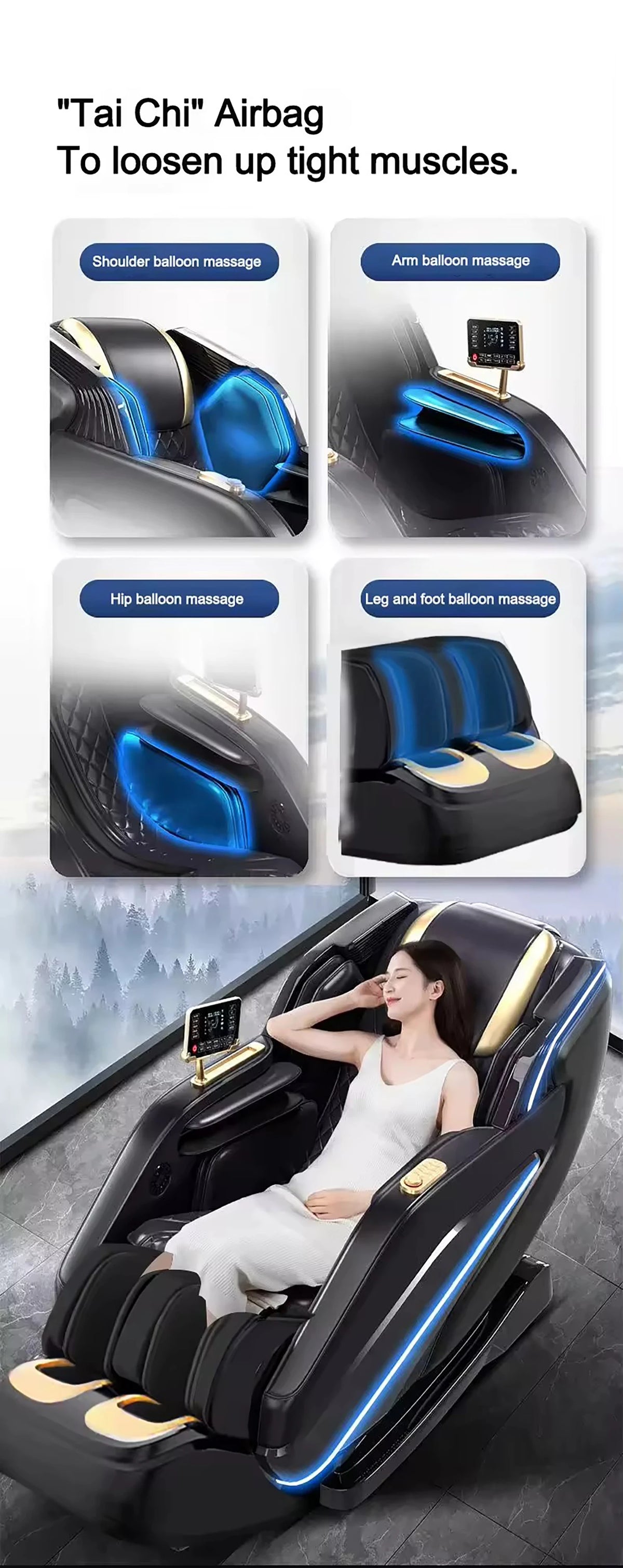 Luxus-Massagesessel Zero Gravity Ganzkörper-Airbag SL-Track Heizung Bluetooth-Musik AI-Sprache Bürostuhl 3 Jahre Garantie