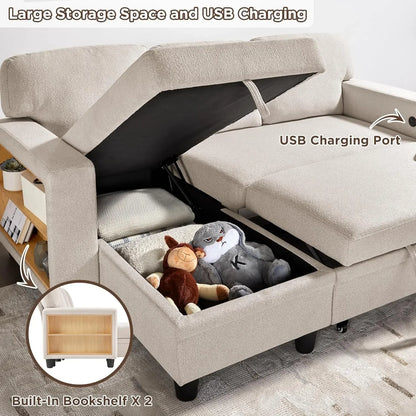 80" Schlafsofa, L-förmige Schlafcouch mit Stauraum, 2 integrierte Bücherregale und USB-Ladeanschluss