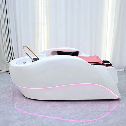 Modern Beauty Salon Furniture pink Light Salon Shampoo Chair Bed Luxury Electric Massage Washing Chair with Water Circulation
