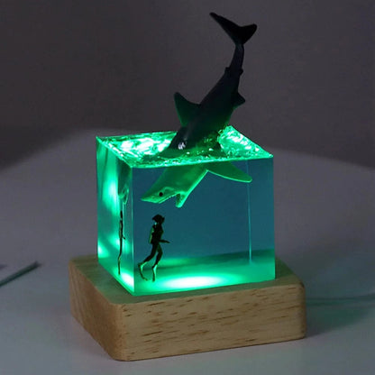 Marine Whale Cube Ornament –  Ocean Diver Resin Decoration with Optional Light Base